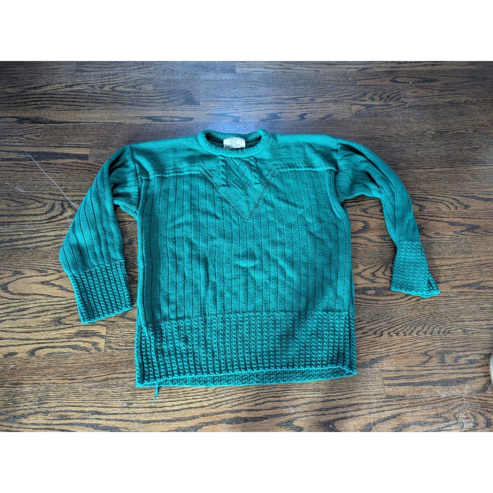 College Point Vintage 80s Green Sweater Knit Long Sleeve Preppy Cable Made USA
